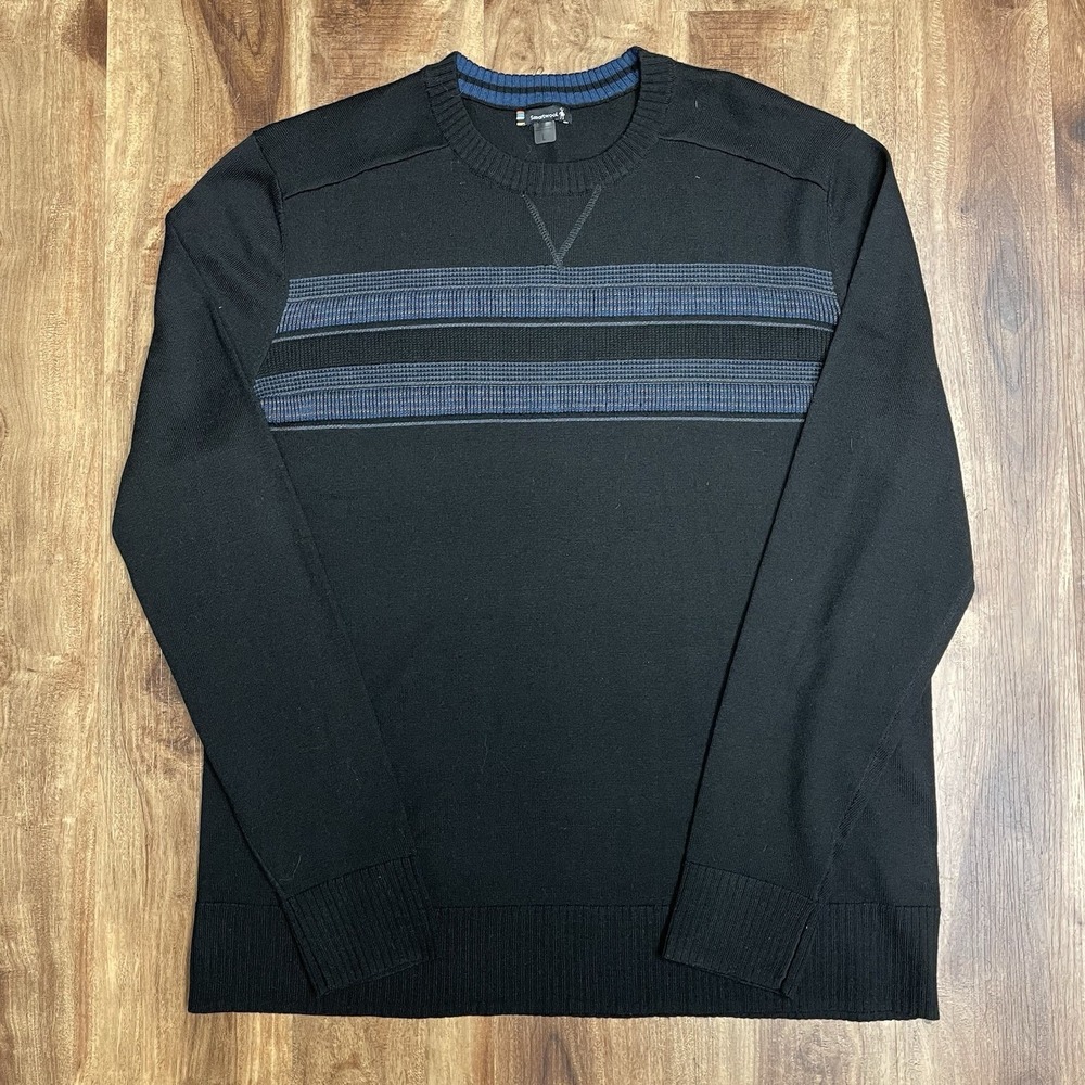 Smartwool Crew Pullover Sweater Mens Size L Black Striped Merino Blend Sparwood